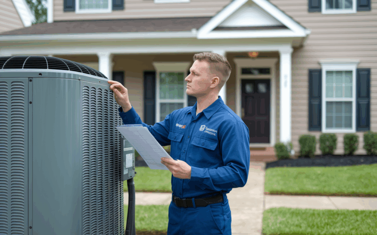 A professional property maintenance technician inspecting an HVAC unit outside a clean, well-maintained rental property.