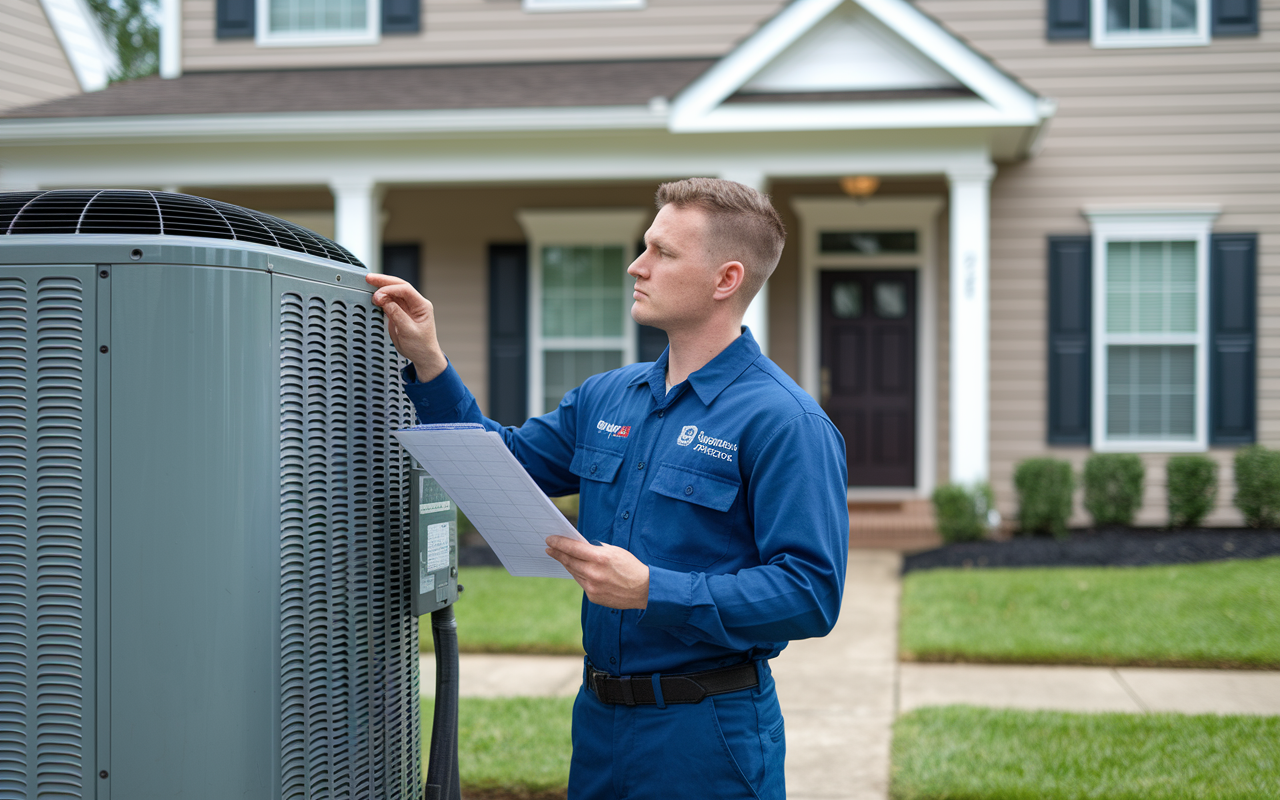 A professional property maintenance technician inspecting an HVAC unit outside a clean, well-maintained rental property.